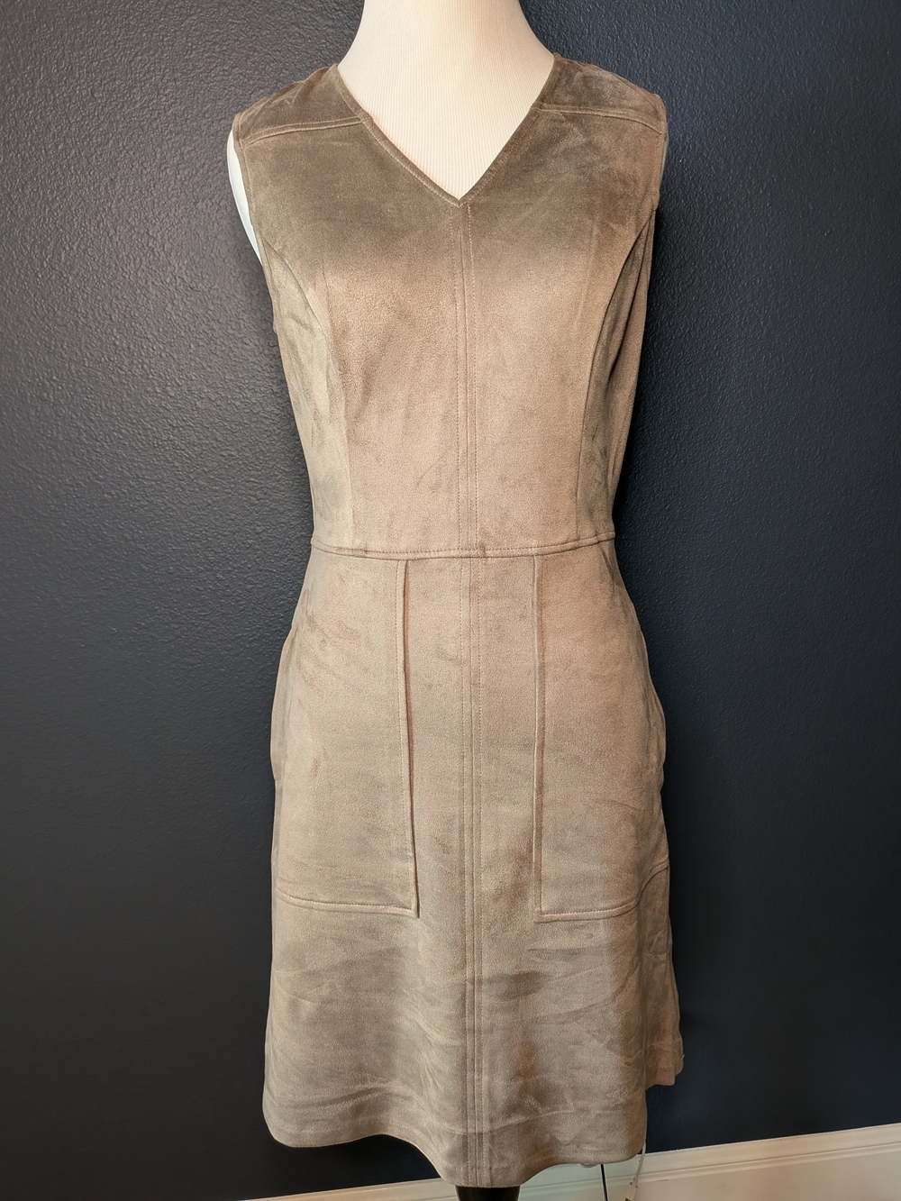The Limited Taupe Faux Suede Sleeveless V-Neck Midi Dress
